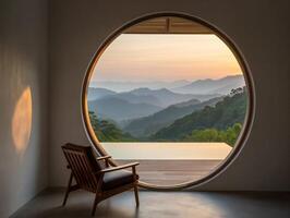 Nature Background Serene Mountain View from Circular Window Modern Chair Tranquil Sunset photo
