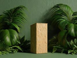 Nature Background Lush Tropical Foliage with Textured Beige Display Pedestal photo