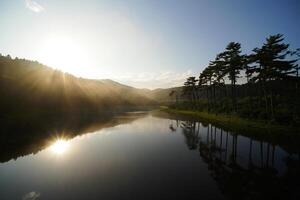 Nature Background Serene Sunrise over Calm Lake with Majestic Pine Trees and Misty Mountains photo