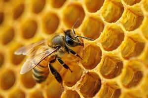 Nature Background Honeybee Close Up on Golden Honeycomb Detailed Macro Photography of Insect photo
