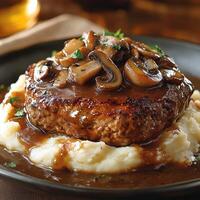 Close up of salisbury steak with mushroom gravy and mashed potatoes on a dark plate photo