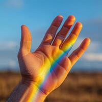 A hand with a rainbow light shining on it against a blue sky and field background view photo