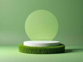 Nature Background Minimalist Green Background with White Circular Product Display Platform Surrounded by Grass photo