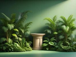 Nature Background Lush Tropical Greenery with Elegant Stone Column Pedestal Green Background Botanical Studio Shot photo