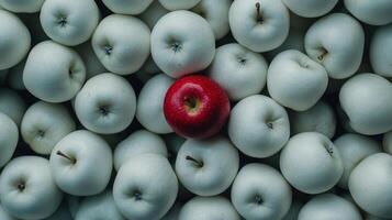 One red apple among many white apples creating a strong visual contrast and focal point photo