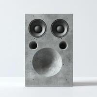 Concrete speaker with two speakers and two holes and a large round indentation front photo