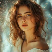 Portrait of a woman with wavy brown hair and green eyes looking at the camera softly photo