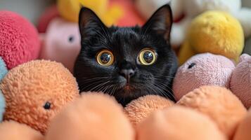 Black cat peering out from a pile of colorful plush toys looking at camera photo