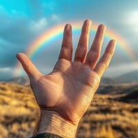 A human hand reaching towards a rainbow in the sky over a blurred landscape view shot photo
