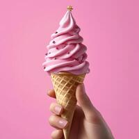 A hand holding a pink ice cream cone with sprinkles and a star on a pink background photo