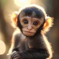 Close up portrait of a baby monkey with big eyes and soft lighting effect photo