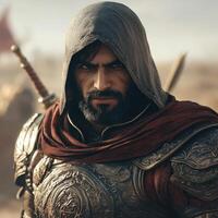 Portrait of a hooded warrior with a beard wearing armor and a red scarf in the desert photo