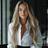 Portrait of a blonde woman in a white shirt with long hair looking at the camera lens photo