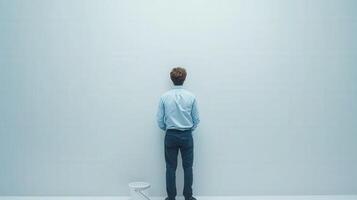 A man stands facing a large white wall with a bucket at the bottom left corner side view photo