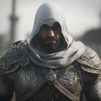 A man in armor with a hood looking intensely at the viewer in a close up shot outside today photo