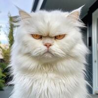 Close up of a fluffy white persian cat with an angry expression on its face photo
