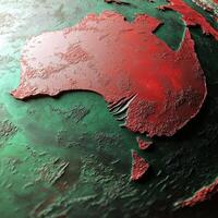 Close up view of a textured australia continent in red and green on a globe surface photo