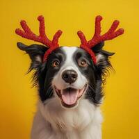 Close up of a happy dog wearing red reindeer antlers against a yellow backdrop photo