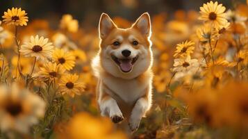 A corgi running through a field of yellow flowers with a happy expression photo