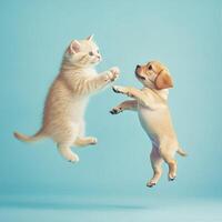 Kitten and puppy jumping playfully with a light blue background in a studio shot photo