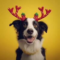 Happy border collie wearing christmas reindeer antlers on a yellow background photo