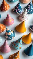 A whimsical array of patterned party hats scattered on a clean white surface above view photo