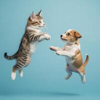 Kitten jumping towards puppy in a playful pose against a solid blue background shot photo