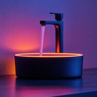 Modern faucet with running water in a sink with neon light and pink wall photo