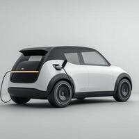 Rear view of white and black electric car charging against a plain grey background space photo