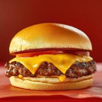 A close up view of a cheeseburger with tomato on a red background in studio light photo