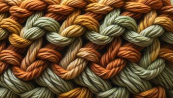 Macro image of intertwined green and orange yarn braid creating intricate textile pattern photo