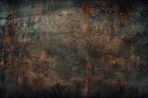 Grungy metal surface with oxidized copper patina and peeling paint in moody lighting photo