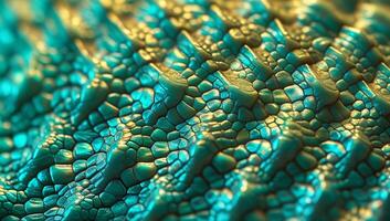 Detail shot of turquoise and gold reptile-like scales forming shimmering pattern photo