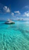 Catamaran gliding through crystal turquoise waters paradise under a pristine blue sky and scattered clouds photo