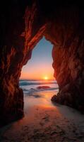 Spectacular sunset glows through natural archway on a serene beach evoking feelings of wonder and awe in nature photo