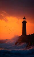 Dramatic lighthouse silhouette at sunset with crashing waves and fiery skies perfect for coastal scenes photo