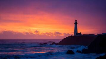 Dramatic ocean sunset with a silhouette of a lighthouse against vibrant colorful sky photo