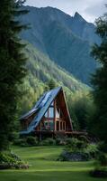 Cabin retreat nestled amid towering trees with mountainous backdrop evoking feelings of serenity and escape photo