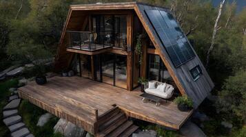 Modern A frame cabin with solar panels nestled in a lush green forest showcasing sustainable living photo