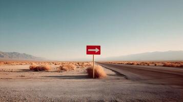 A vibrant red directional sign stands in the desolate desert landscape guiding wanderers onward photo