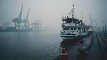 Mystic harbor view with tour boats and industrial cranes enveloped in dense fog creating atmospheric scene photo