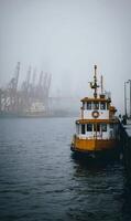Foggy harbor scene featuring a vintage passenger ferry boat docked with cranes in the distance photo