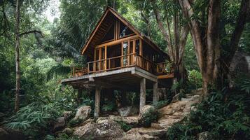 Secluded tropical treehouse nestled amidst lush jungle foliage offering a serene getaway in nature photo