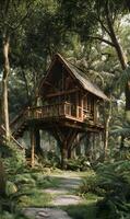 Enchanting treehouse retreat nestled amidst lush greenery invites exploration and relaxation in a serene woodland setting photo
