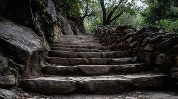 Stone Stairway Ascent Nature Trail Through Forest Ancient Pathway Leads Upward Sunlight Peeking Through Trees photo