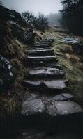 Mystical stone stairway winding through a forest with an ethereal foggy atmosphere and scenic view photo