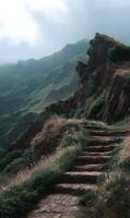 Stone stairway winding up a majestic green mountain under a moody sky a path to tranquility photo