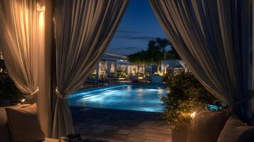 Luxury resort view showing pool at night through draped curtains creating a sense of exclusivity photo