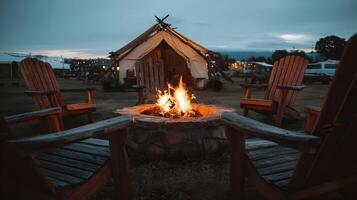 Cozy Campfire Gathering Under Twilight Sky A Relaxing Evening Scene Surrounded by Rustic Charm photo
