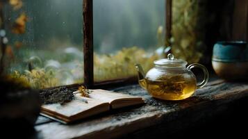 A calming tea break by the window with a peaceful view provides a moment for relaxation photo